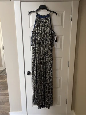 BETSY & ADAM Layla Long Halter Foil Print Dress Women's Size 18 Navy Metallic - Image 1 of 4