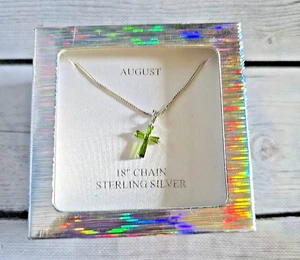 Sterling Silver 925 Women's August Birth Stone Cross Necklace 18" Chain  - Picture 1 of 6