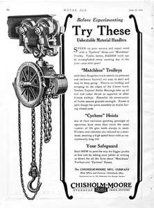 1926 Ad Chisholm Moore Mfg Co Cleveland OH Matchless Trolley & Cyclone Hoist - Bild 1 von 1