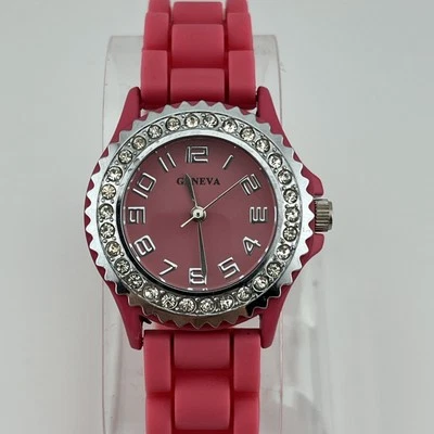 Reloj Geneva Mujer 31mm Cuarzo Rosa Silicona Banda Pavimentado Bisel Bling - Batería Nueva Foto 1 de 4