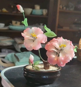 VTG Chinese Jade Quartz Stone Glass Bonsai Tree Pink Flowers In Ceramic Pot - Picture 1 of 9