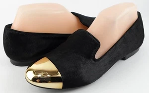 $160 SCHUTZ SHANNON Black Pony Hair Designer Gold Metal Cap Loafers Flats 8 - Picture 1 of 4