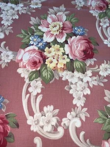 Rare VTG Barkcloth Era Fabric Pink Roses Scrolls 6 Yards Big Bouquets Never Used - Picture 1 of 11