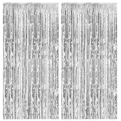 Paquete de 2 cortinas de papel aluminio telón de fondo plateado metálico oropel lámina flecos cortinas foto... Foto 1 de 4