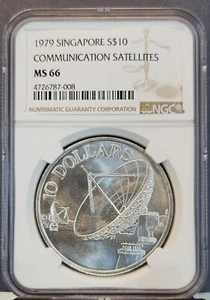 1979 SINGAPORE SILVER 10 DOLLARS COMMUNICATION SATELLITES NGC MS 66 BRIGHT GEM - Picture 1 of 3