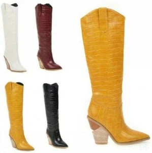 New Womens Western Trendy Cowboy Pointed Toe Knee High Pull On Riding Boots Size - Picture 1 of 16