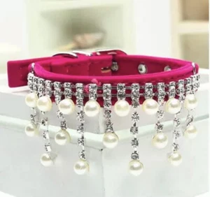 Fuchsia Sparkling Rhingstones & Pearl Puppy Kitten Collar Suede Size L 37cm - Picture 1 of 4