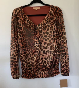 NEU Ellen Tracy Gr. M Animal Print Stretch Strick Top Bluse Rüschen Ausschnitt - Bild 1 von 9