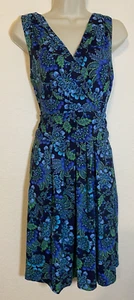 Talbots Polynesian Floral Faux Wrap Surplice Dress Size 10P Blue Green Babydoll - Picture 1 of 7