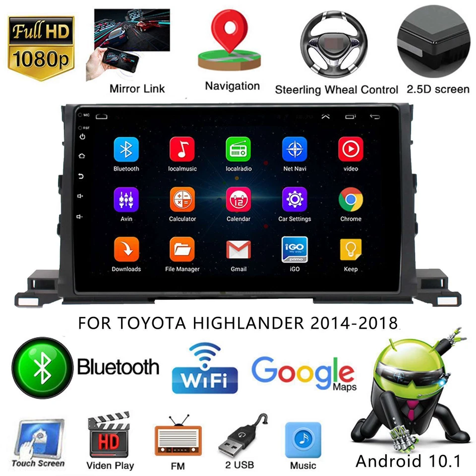 Radio estéreo para automóvil Android 10.1 navegación GPS con arnés para Toyota Highlander 2014-2018 Foto 1 de 4