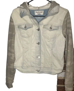 Wallflower Dreamer Denim Jacket Hooded Women's Size M With Camo Arms and Hood - Picture 1 of 4