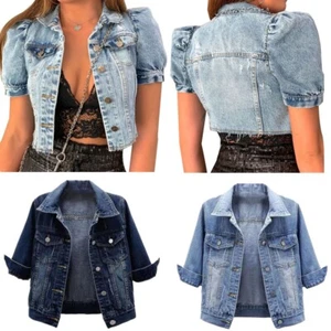 Abrigos de jean vintage básicos de manga 3/4 para mujer con bolsillo con botones - Imagen 1 de 40