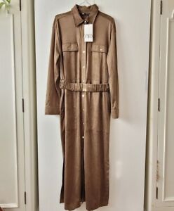 New Zara Faux Suede Belted Midi Dress In Khaki Size M 10 - 12 RRP £55.99 