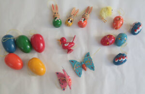 Set of 16 Colourful Painted Wooden Easter Figures - Rabbits Butterflies Eggs