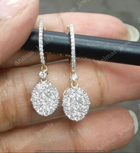 1.25 Ct Round Cut Moissanite Cluster Drop Dangle Earrings 14K Yellow Gold Plated - Picture 1 of 7