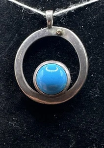Sterling Silver 24.4mm Round Turquoise Stone In Larger Circle Pendant 7.17g - Picture 1 of 5