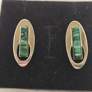 Vintage Anson Cufflinks Green Stone Silver Tone Set of 2 - Picture 1 of 8
