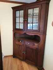 Late 1800s Ohio solid walnut 2 pc Corner Cupboard / Cabinet w/ 12 glass pane top