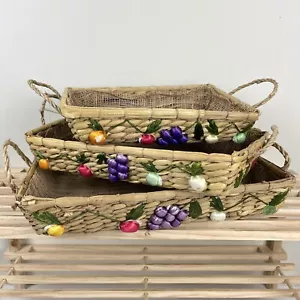 Set of 3 Vintage Raffia Straw Nesting Casserole Baskets Carriers Fruit Theme - Picture 1 of 7
