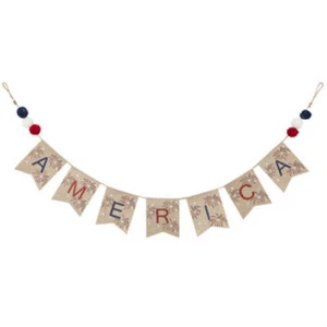 America Patriotic Burlap banner with pompoms 5 ft 4th of July party decor - Picture 1 of 3