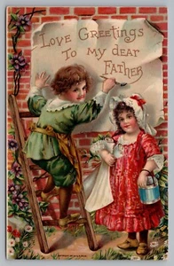 Postcard Children Painting Love Greetings to My Dear Father Unposted - Picture 1 of 2