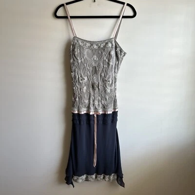 Новый с Ярлыками Sue Wong прокол шелк бисером серый синий розовый с подкладкой носовой платок кромки платье S 8 - Изображение 1 из 4