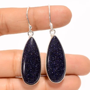 Blue Sandstone Gemstone Fashion Jewelry 925 Silver Dangle Earrings 2" ARE-3878 - Picture 1 of 3