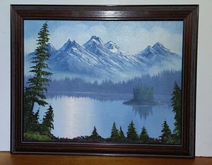 Handpainted 16x20 Canvas Painting Snow Covered Mountains By Lake Signed - Picture 1 of 10