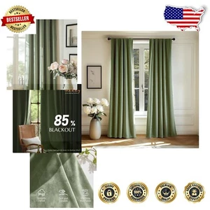 Elegant 96" Long Velvet Room Darkening Curtains - Olive Sage, Insulated Panels - Picture 1 of 10
