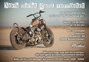 Einladungskarte Geburtstag jedes Alter 50 60 70 Motorrad, Rost inkl. Umschläge - Bild 1 von 1