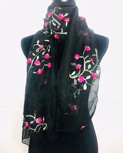 Women Scarf, Wrap, Floral Embroidered Cotton Soft Scarf Wrap Black - Picture 1 of 6