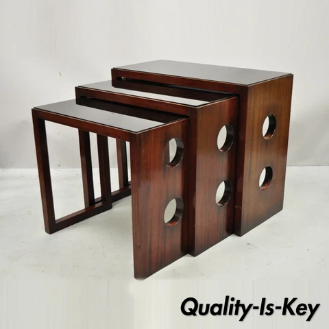 James Mont Mid Century Modern Mahogany & Glass Top Art Deco Nesting Side Tables Cover