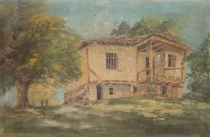 ANTIQUE GOUACHE PAINTING COUNTRY HOUSE LANDSCAPE - Picture 1 of 14