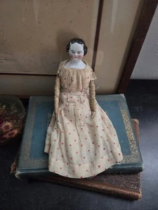 Antique 1800s German China Head Doll 9.5" Porcelain Leather Arms Cloth Body - Picture 1 of 9