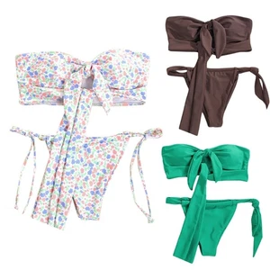 Women Sexy 2pcs Bikini Set Hollow Out Strapless Tie Knot Swimsuit Bathing Suit - Picture 1 of 10