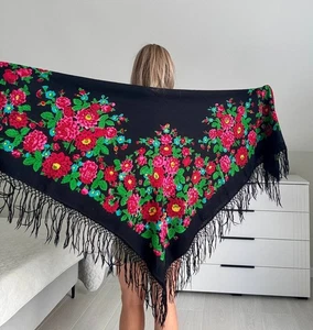 Rare Large Festive Vintage Shawl – Early 20th Century | Wool Floral Scarf | 150 - Picture 1 of 9