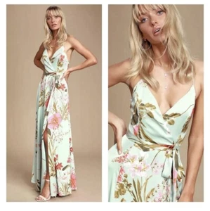 Lulus Sage Green Floral Print Maxi Dress Satin Romantic Size XS NWT - Picture 1 of 6