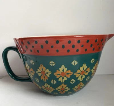Pioneer Woman Batter Bowl Handle Vintage Geo Pattern Green 2.83 Quart - Image 1 of 4