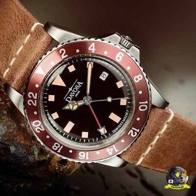 Davosa Ternos Vintage DIVER GMT Quarz 162.500.65 Braun Leder Herrenuhr NEU - Bild 1 von 4