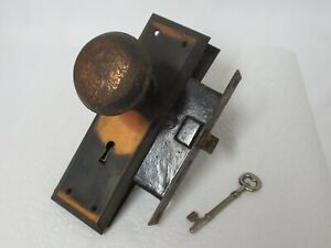 Antique VICTORIAN Tiger Copper Japanned Backplates Door Knobs Mortise Lock Key