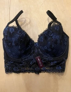 Adored by Adore Me Damen BH Longline blau schwarz 32DDD Blumen Spitze NEU - Bild 1 von 5