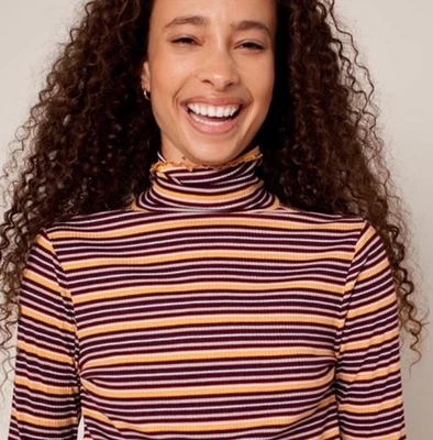 Blusa 77 Rachel Antonoff Amarillo Rayas Manga Larga Ribete Lechuga Cuello Alto Foto 1 de 4