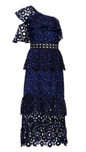 VESTIDO MIDI AUTORRETRATO AZUL MARINO TERCIOPELO ENCAJE VOLANTES UN HOMBRO-UK 8 - Imagen 1 de 13