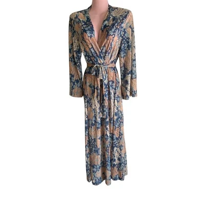 Vintage Gilead Robe Womens Medium Blue Kimono Floral Belted Nylon Made USA 80s - Image 1 of 4