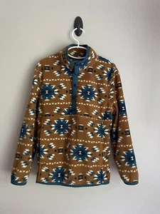Boys Medium 8 Native Tribal Checkered Peaks Teal Tan Fleece Jacket - Picture 1 of 2