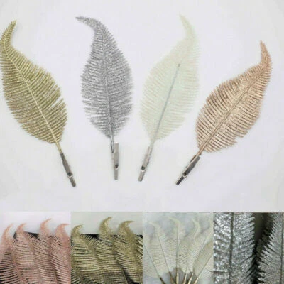 6X Christmas Tree Ornament Clip On Glittery Feather Xmas Artificial Leaf Decor - Image 1 of 4
