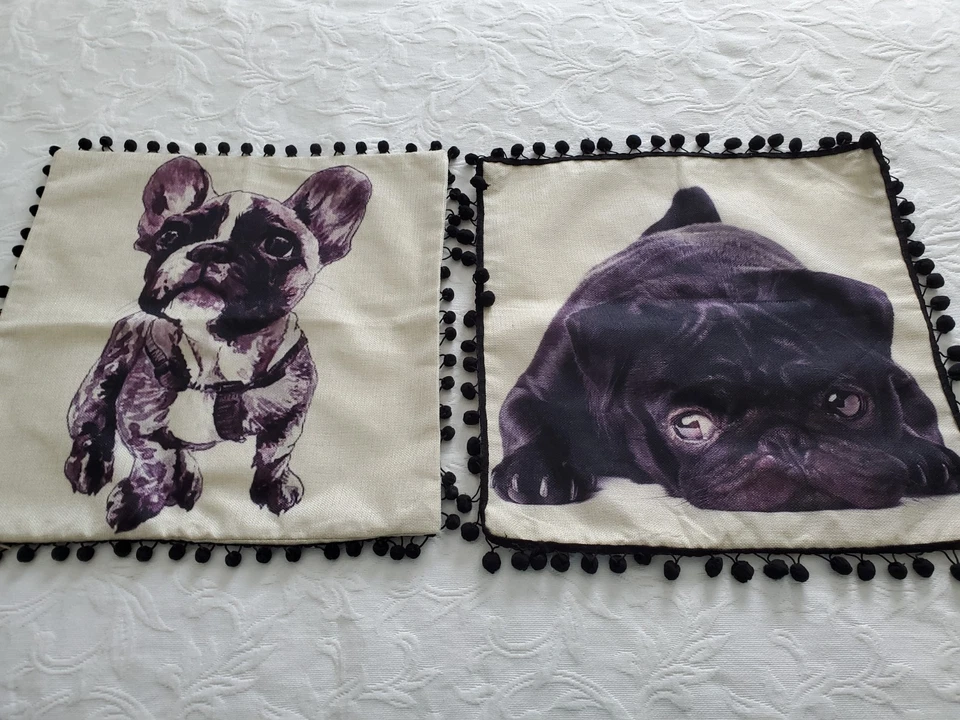 2 Cute Bulldog Pug Puppies Decorative Pillow Cover 17 X 17" Black Pom- Pom Trim - Image 1 of 4