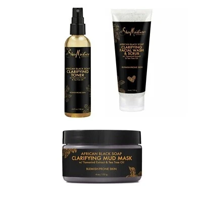 Shea Moisture African Black Soap Mud Mask, Facial Scrub And Clarifying Toner - Image 1 of 4