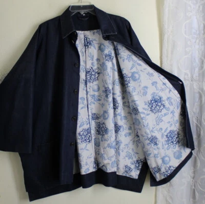 Abrigo Chaqueta Eskandar Talla 1 OS Algodón Seda Rico DENIM Jean Floral Algodón Forrado 34" Foto 1 de 4