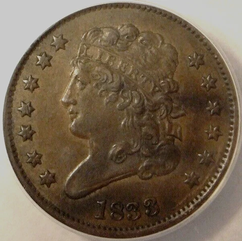 1833 CLASSIC HEAD HALF CENT, EXCEPTIONAL CONDITION, ANACS AU 50 Cover